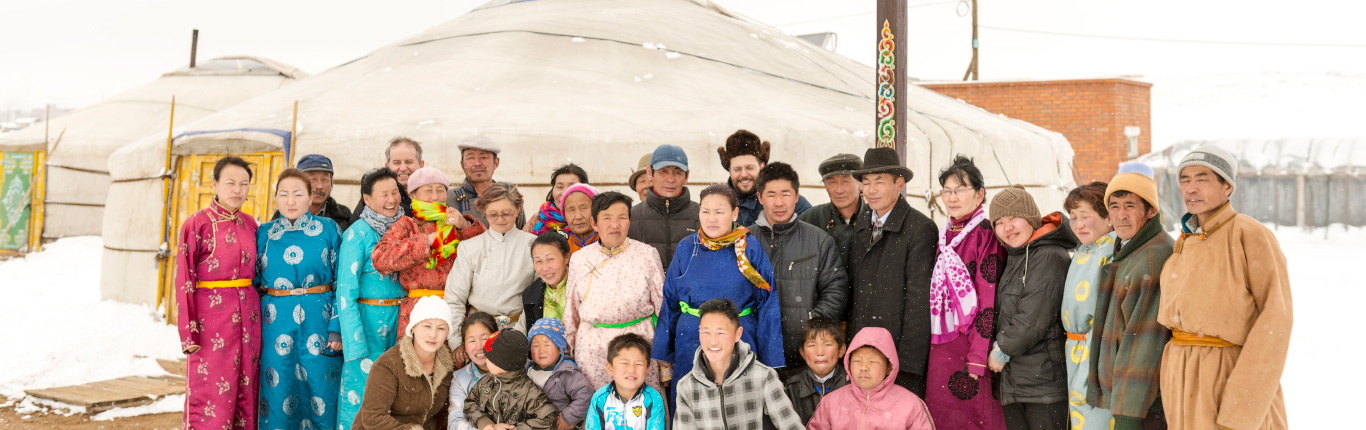 Group of people in front of a ger church in Mongolia